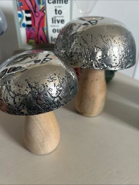 Silver Metallic Mushroom Wood Accent - Decorative Home Accent Boho
